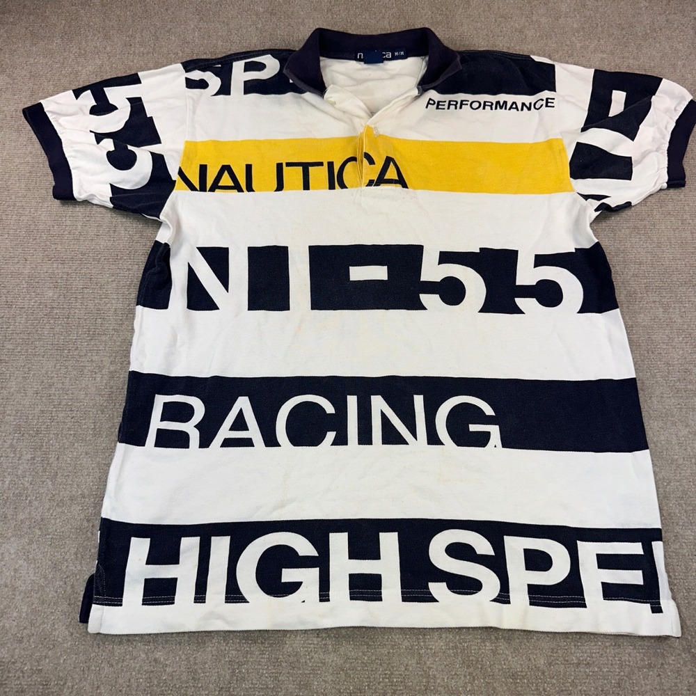 Nautica Performance Racing Polo Shirt Mens Medium White Navy Yellow Graphic